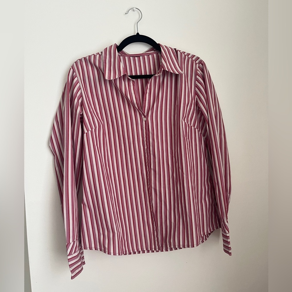 Red pink and white striped button down